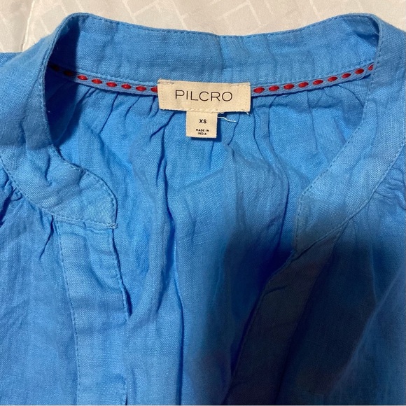 Pilcro (Anthropologie) Blue Cap Sleeve 100% Linen Blouse | Smocking | Breezy - Picture 3 of 10